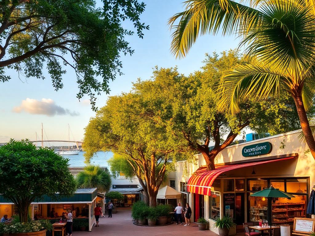 Tree lined commercial street in Coconut Grove Miami