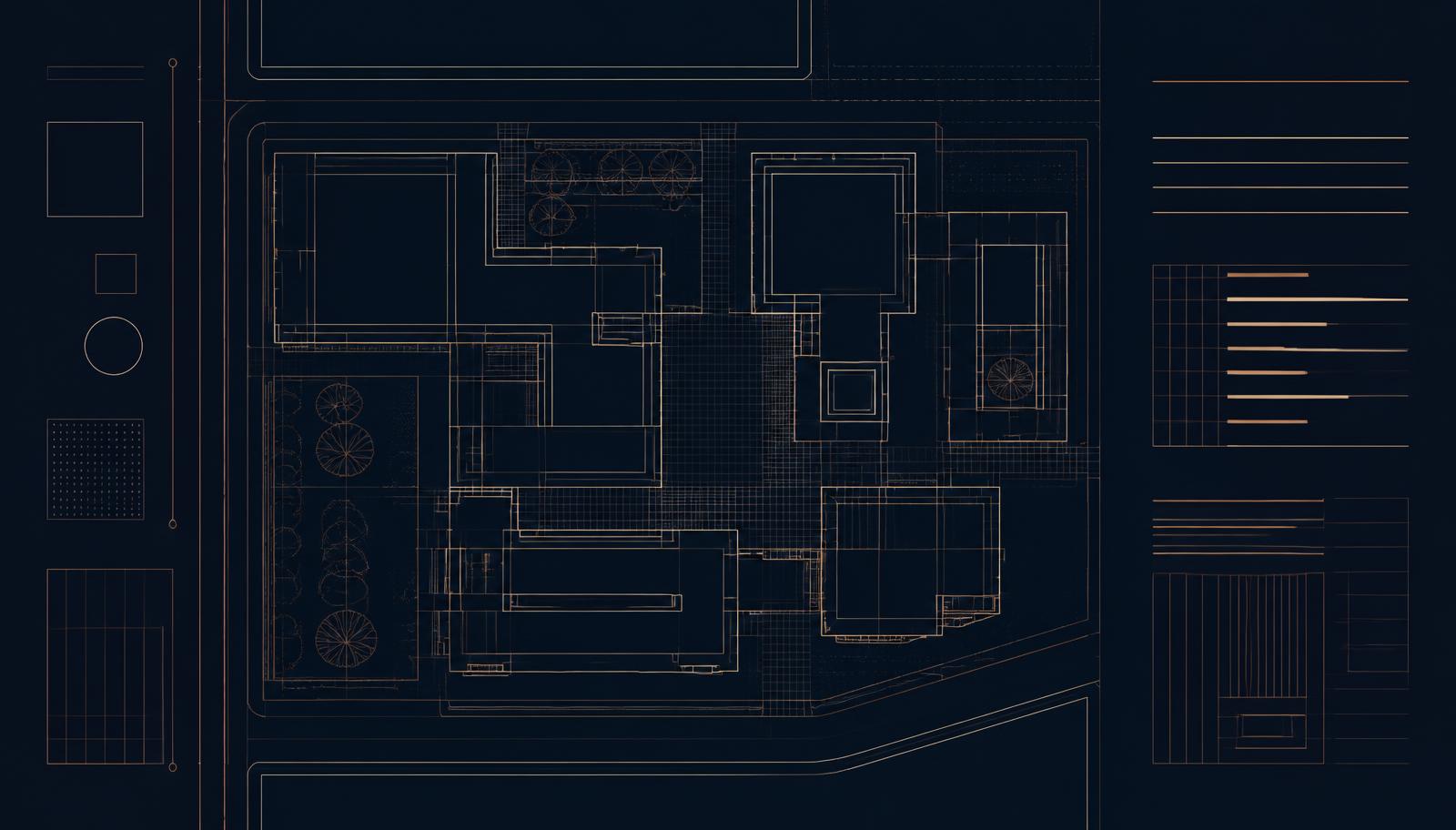 Abstract dark site plan and project schedule linework in copper on midnight navy