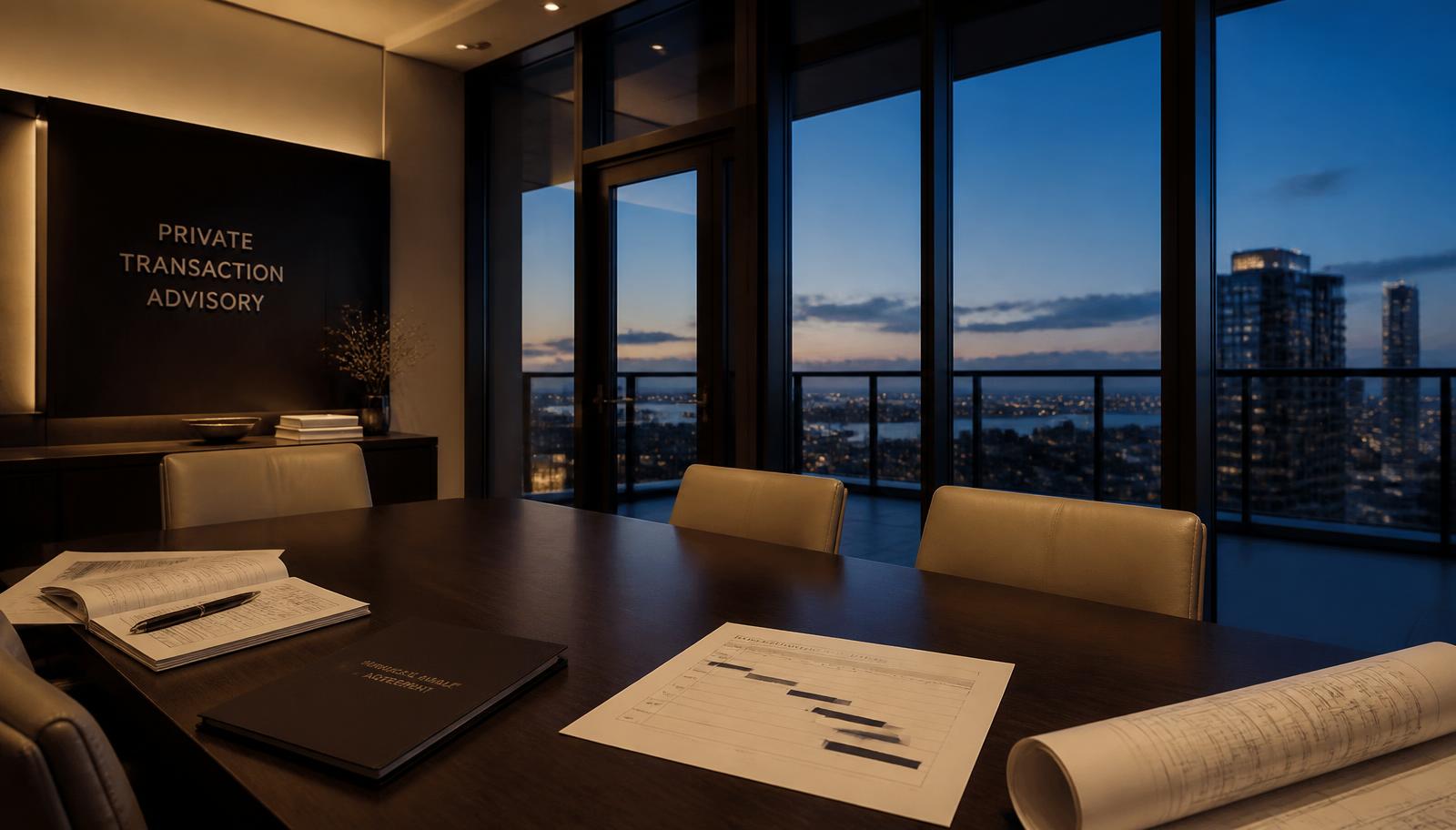 Empty private transaction advisory room at dusk above the Miami skyline with a project schedule, a contract folder and financial statements on the table
