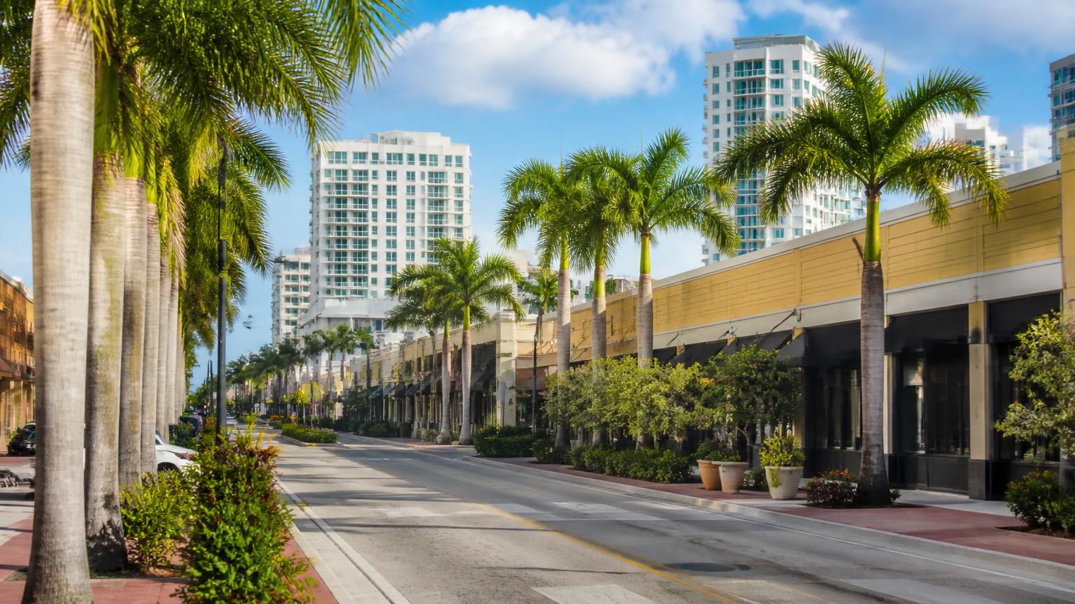 Coastal buildings and commercial corridor in Hallandale Beach, Florida
