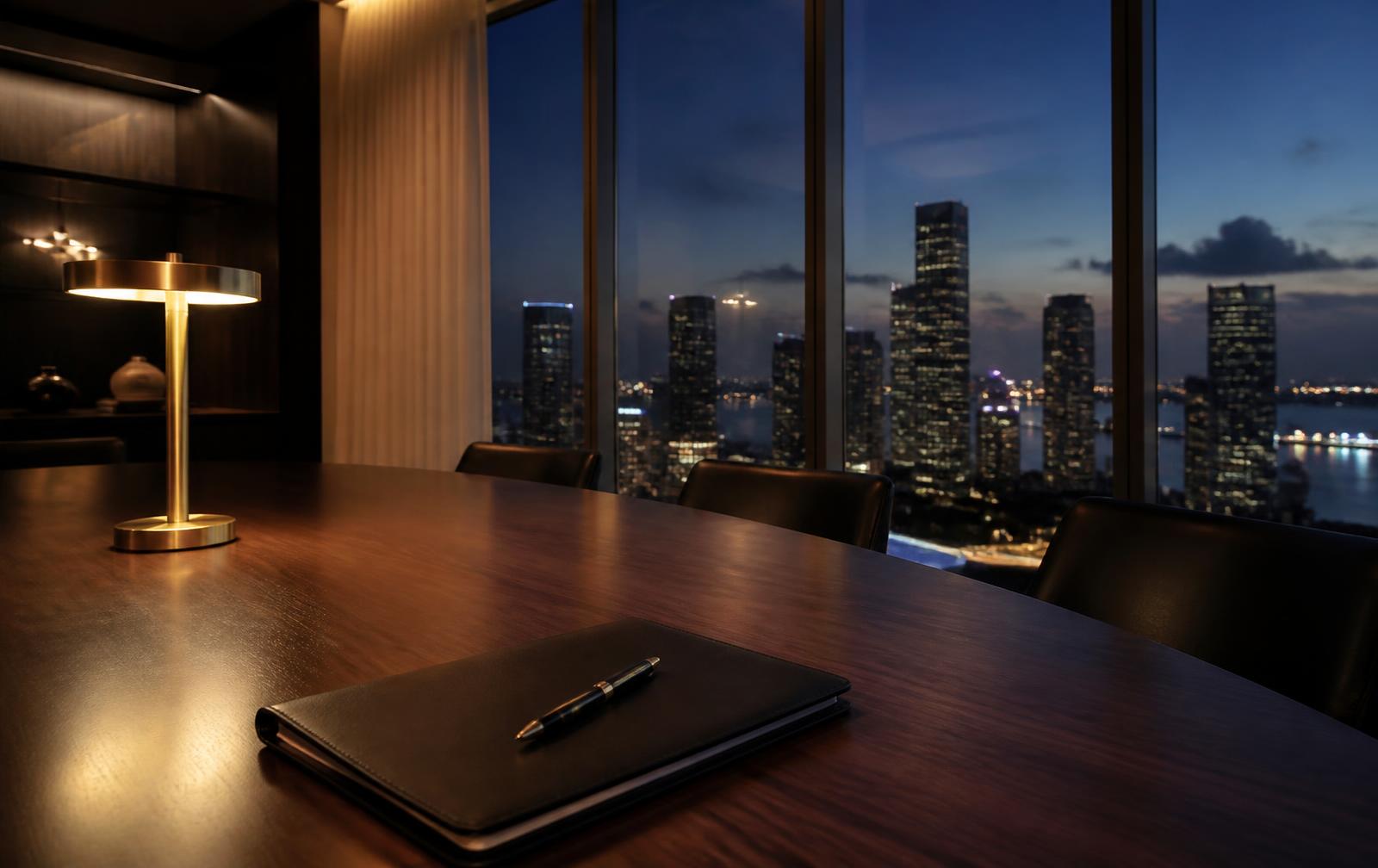 Empty private transaction advisory room at dusk above the Miami skyline with a closed leather portfolio on a walnut conference table