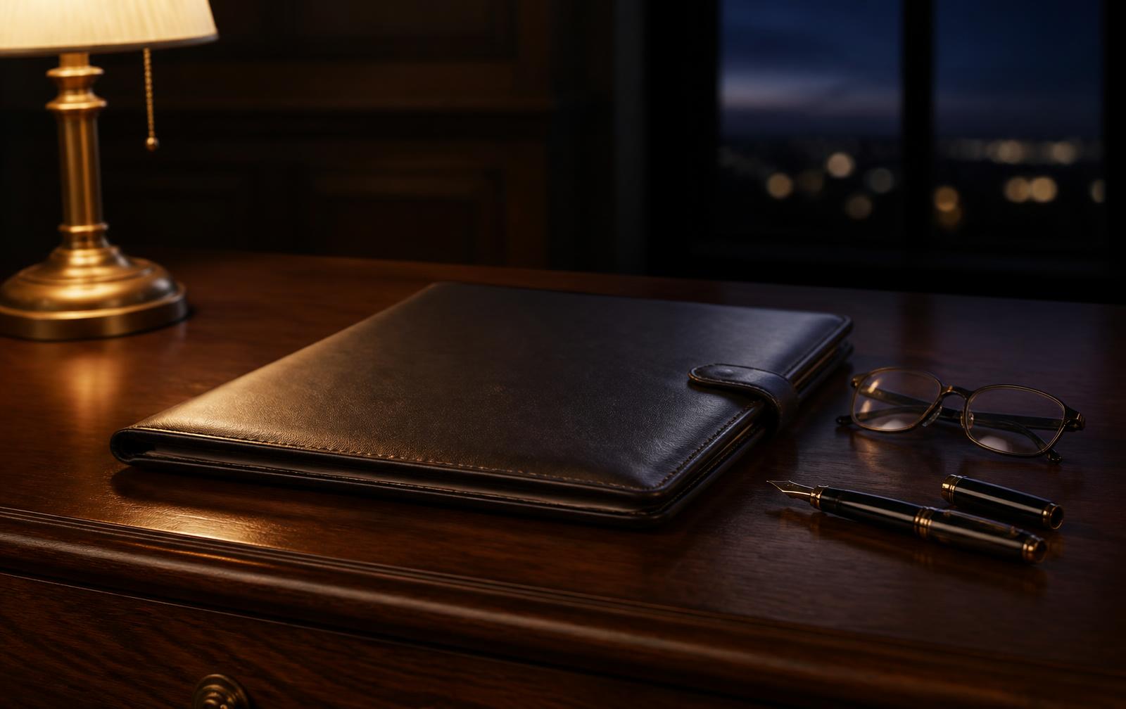 Closed leather folio, reading glasses and a fountain pen on a walnut desk in a private office at dusk