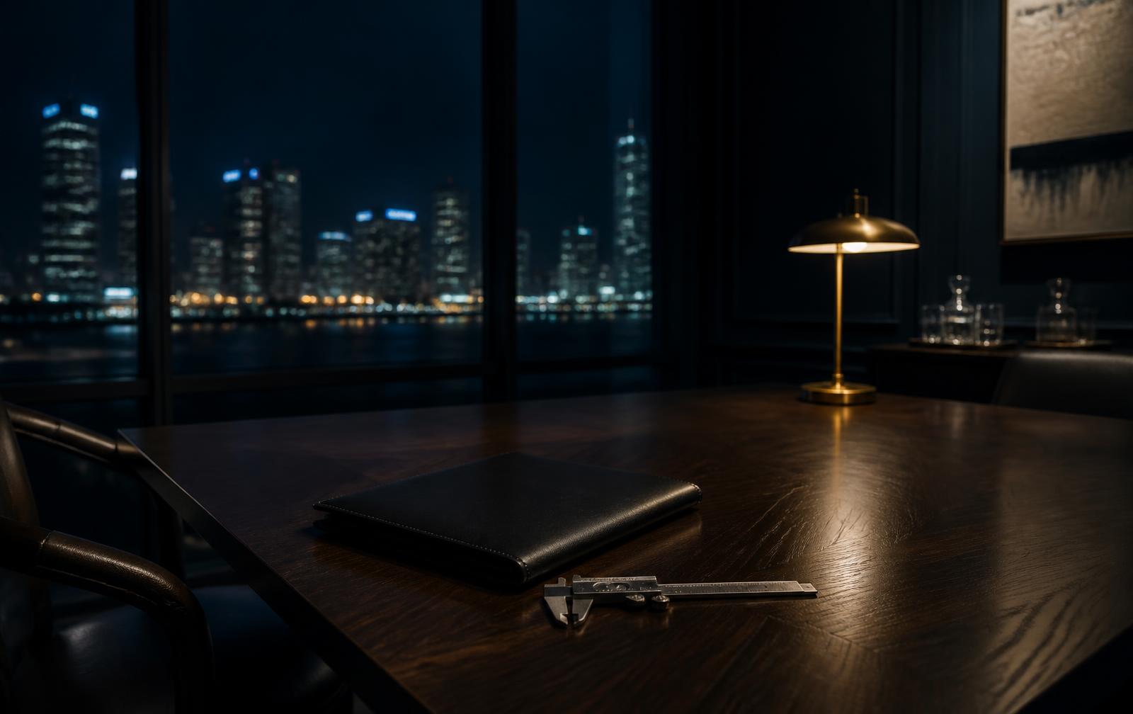 Empty private transaction advisory room at night above the Miami skyline with a closed leather folio and a precision caliper on a walnut table