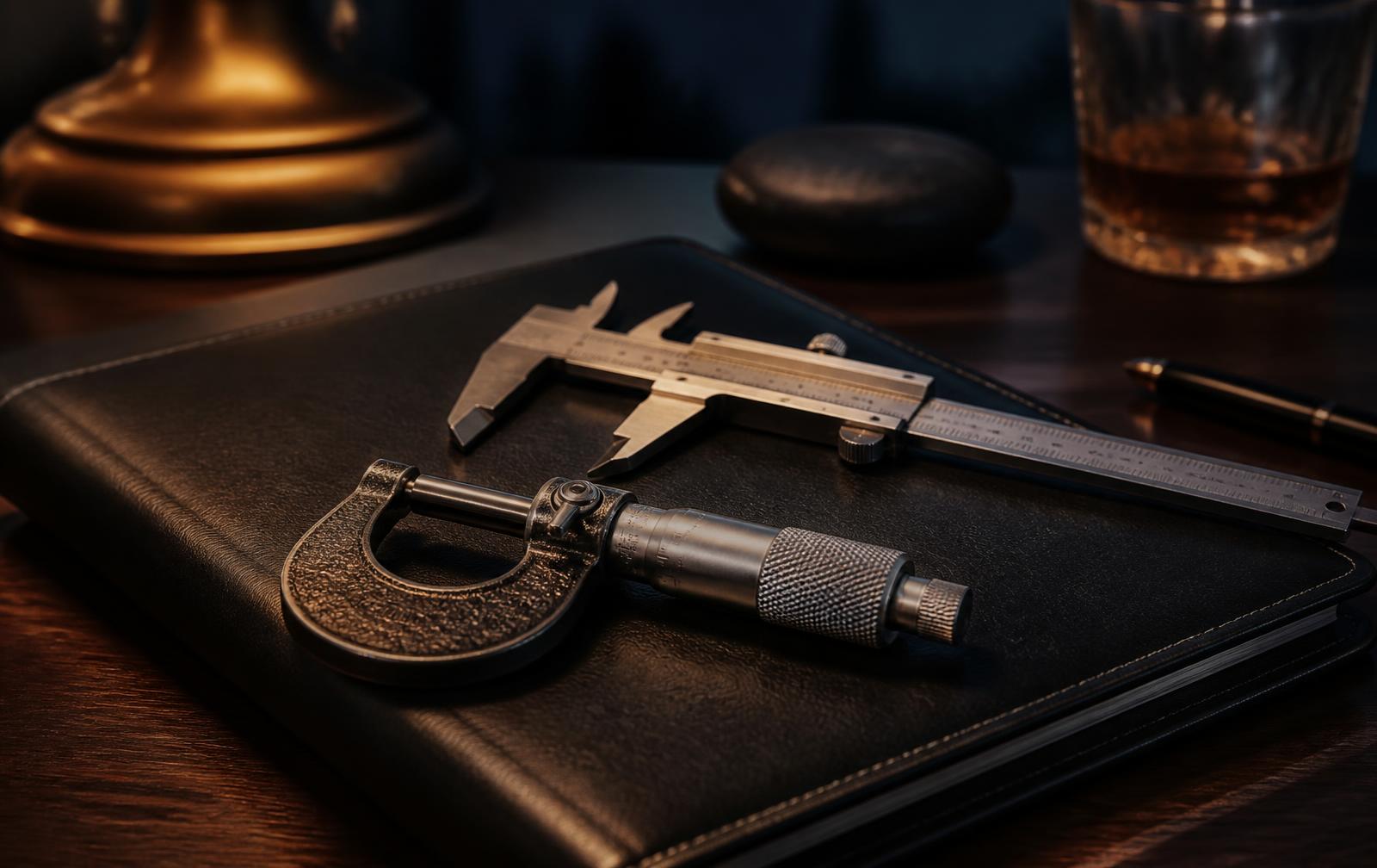 Precision micrometer and machinist caliper resting on a closed leather folio on a walnut desk at dusk