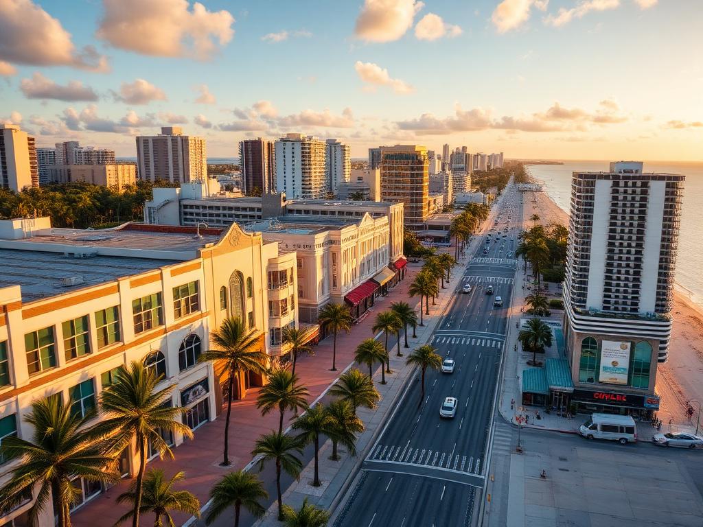 Hotel and commercial buildings along a Miami Beach street