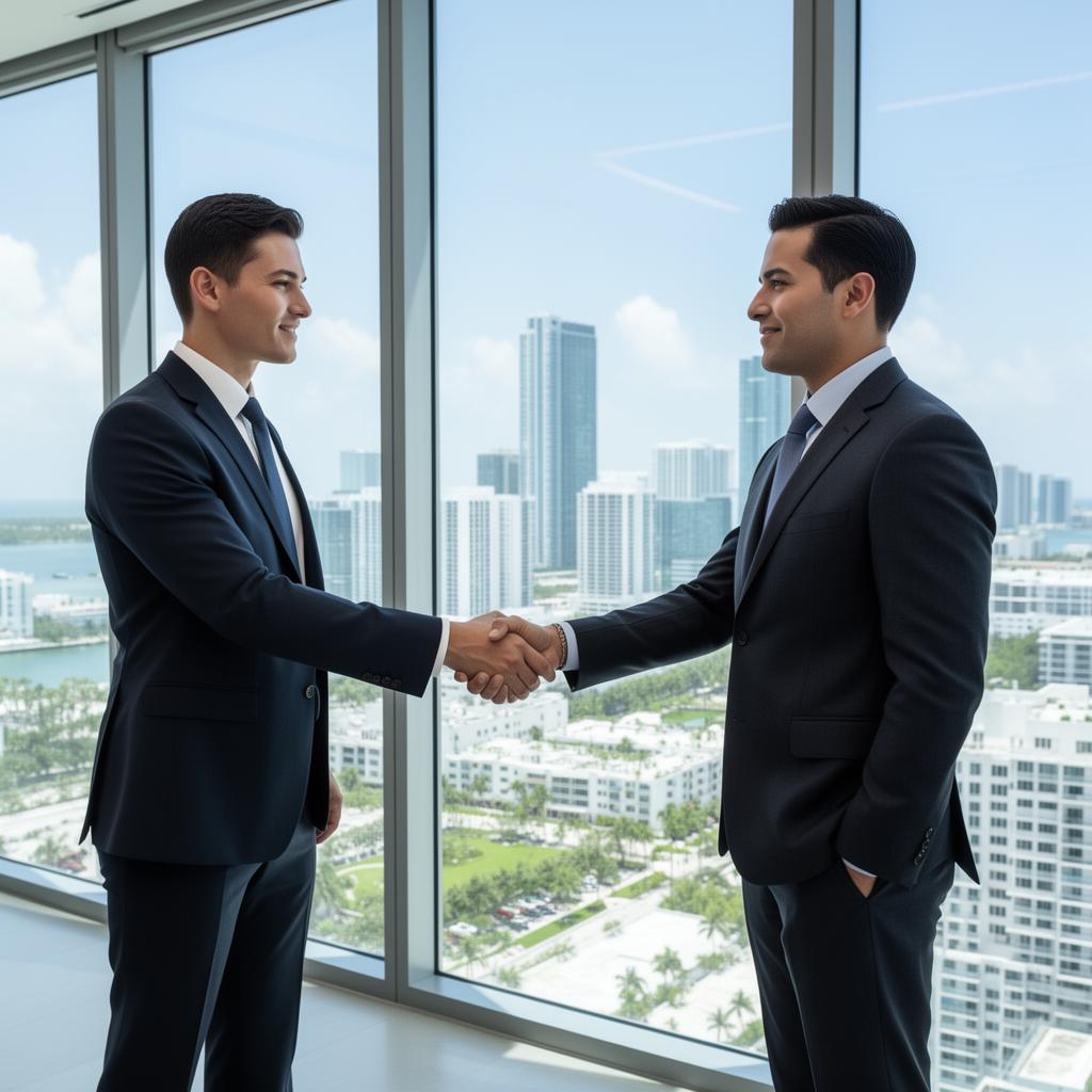 Advisor and business owner reviewing transaction documents in a Miami office
