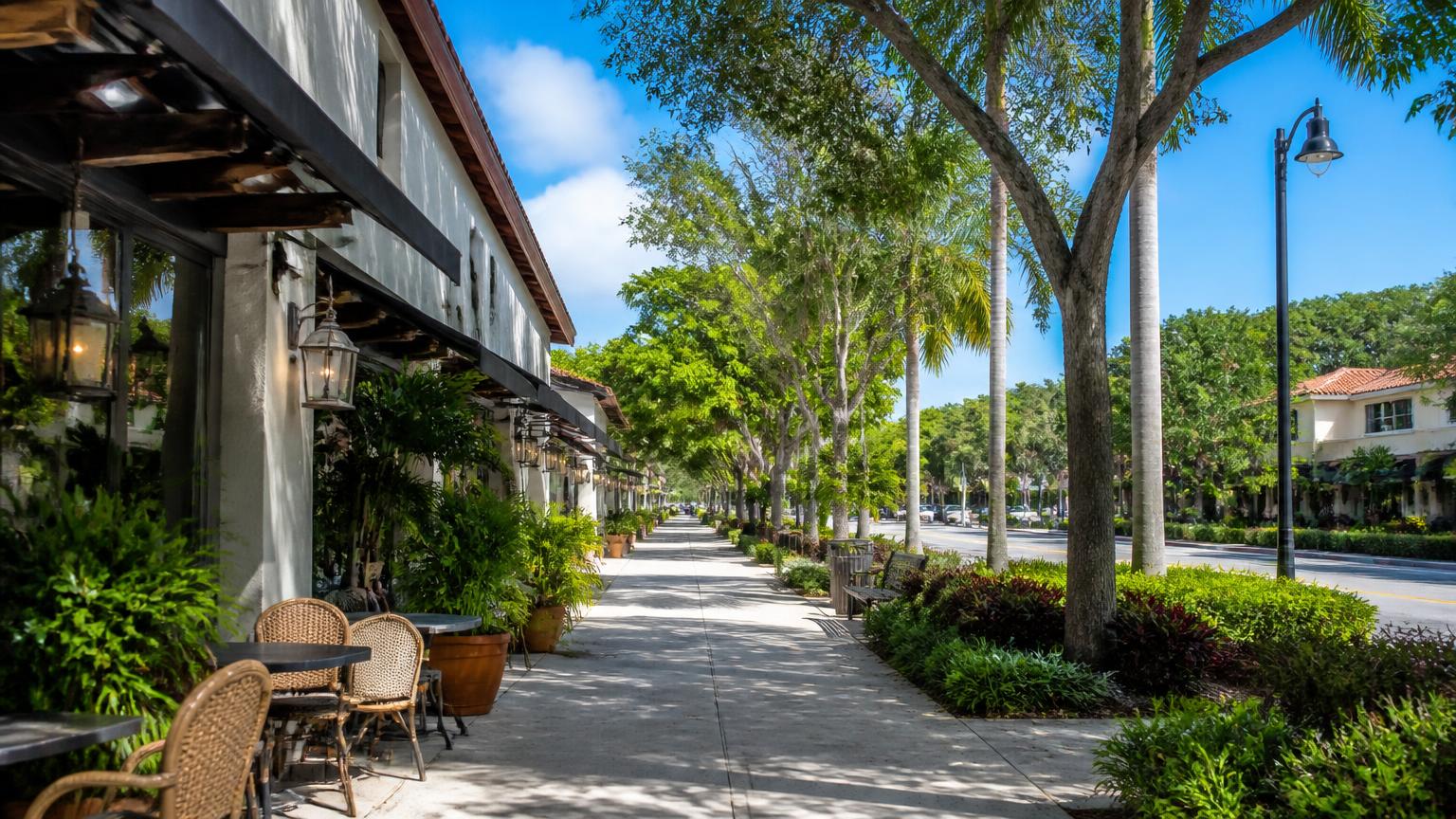 Green suburban commercial street in Palmetto Bay, Florida