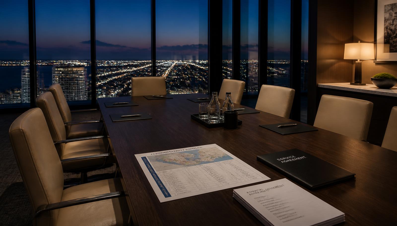 Empty private advisory boardroom at dusk above the Miami street grid with a route schedule, a service agreement folder and financial statements on the table