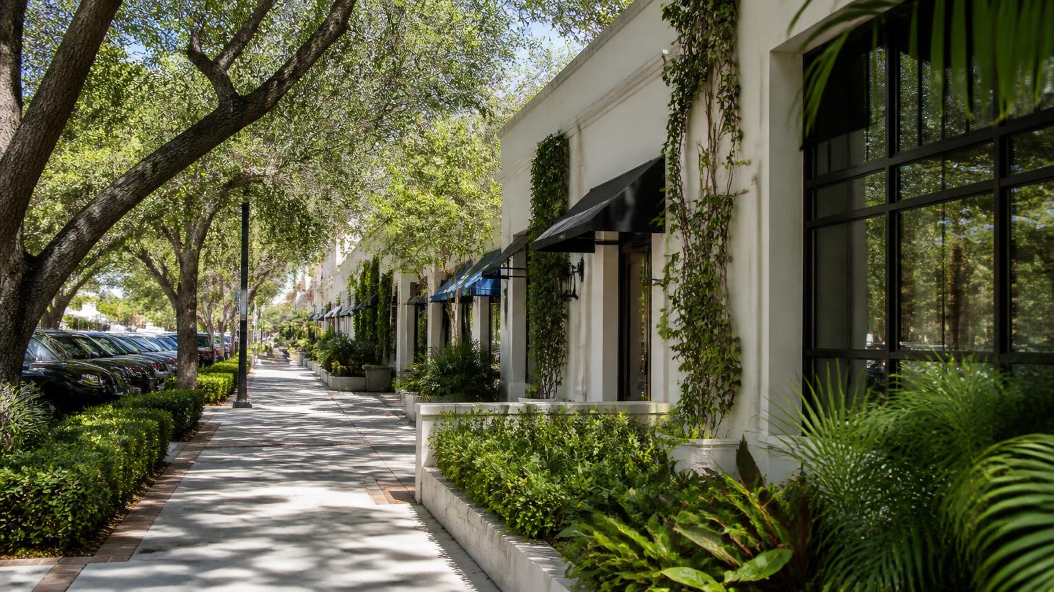 Landscaped street with professional offices in Pinecrest, Florida