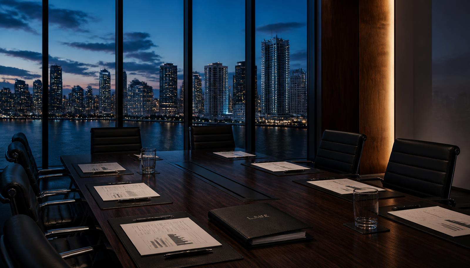 Private advisory boardroom at dusk overlooking the Miami skyline with transaction documents and a lease folder on the table